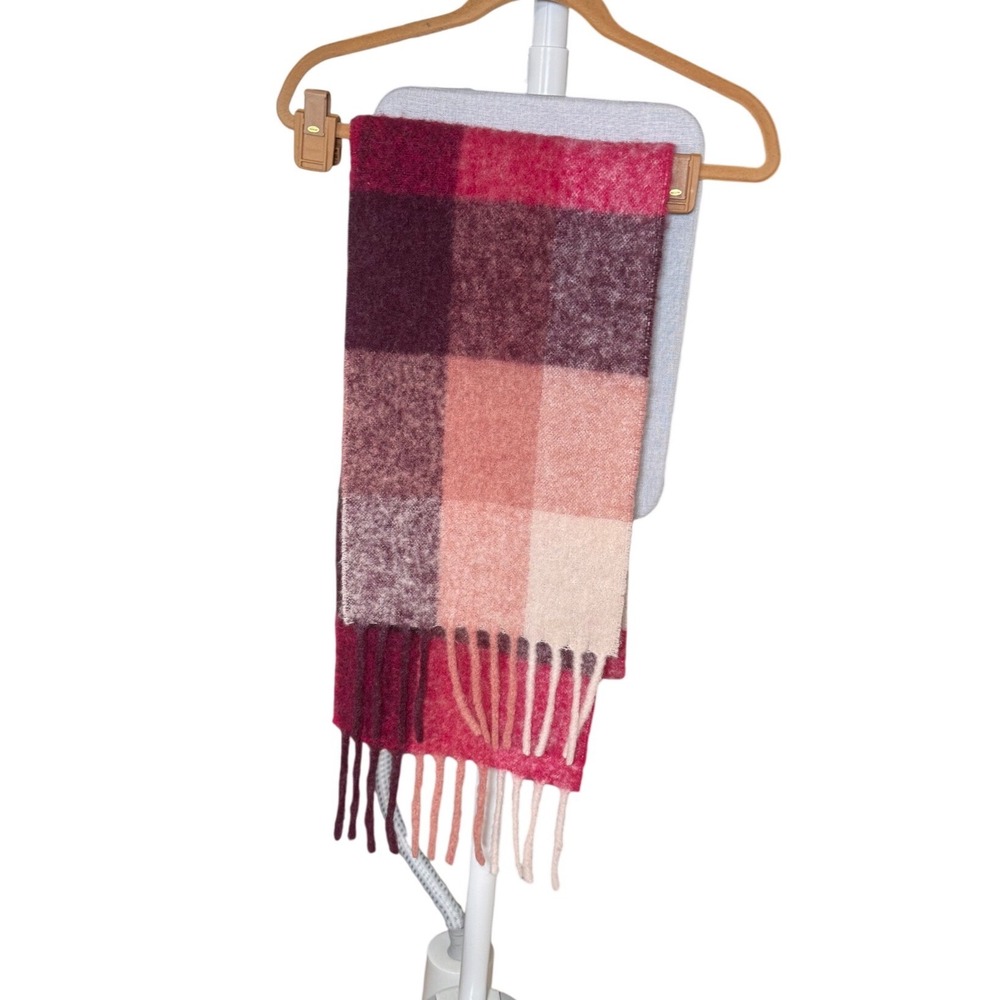 Style Republic Pink Burgundy Plaid Wool Alpaca Mohair Blend Fringe Blanket Scarf